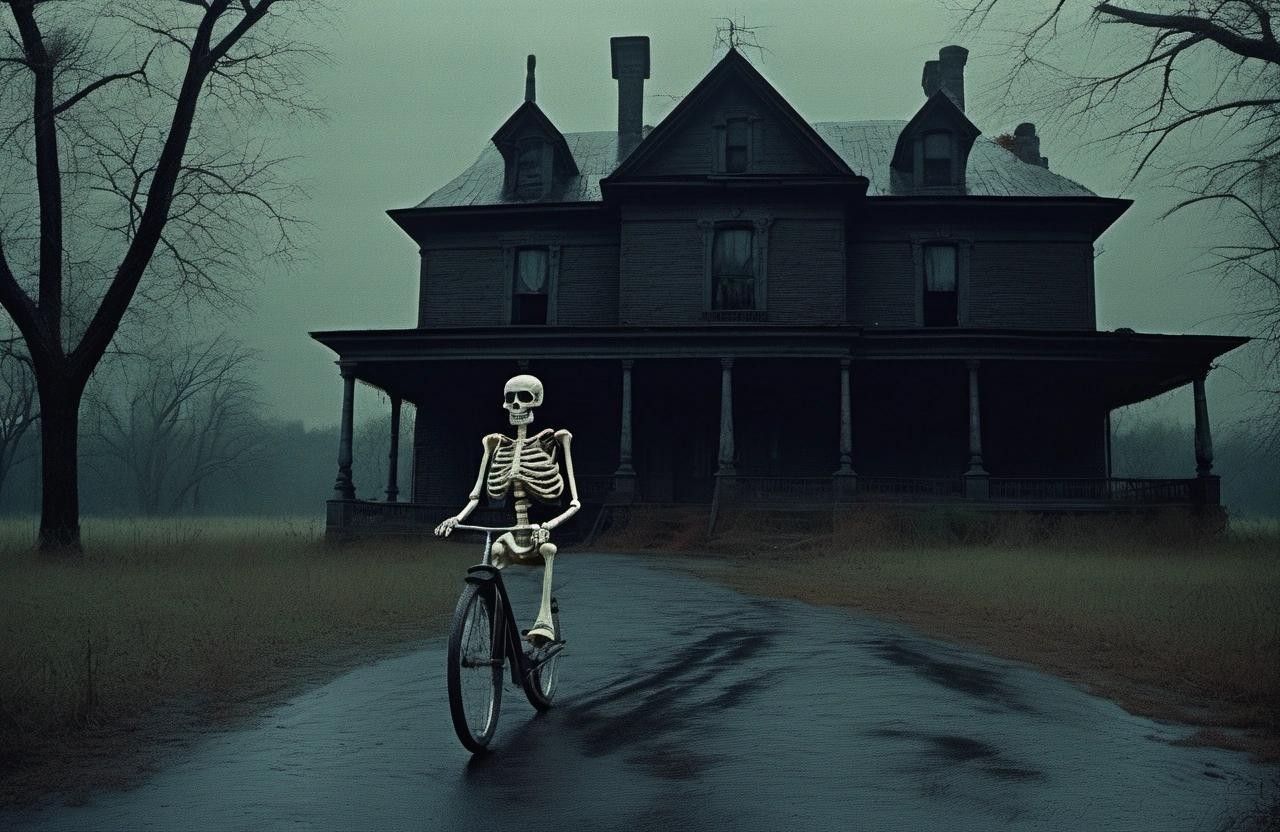 Image with seed 1627292265 generated via Stable Diffusion through @stablehorde@sigmoid.social. Prompt: Old found footage of hyper realistic a skeleton riding a bicycle on a dark and rainy road, with a haunted mansion in the distance., abandoned, liminal space, horror, eerie, mysterious, noise and grain, dark hues, dark tones, single source of light, 35mm, Kodak Autochrome, floating particles, auto flash, auto focus###blurry, out of focus