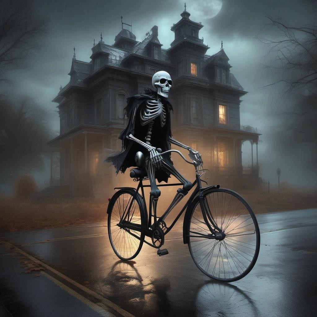 Image with seed 3164384505 generated via Stable Diffusion through @stablehorde@sigmoid.social. Prompt: digital art of a skeleton riding a bicycle on a dark and rainy road, with a haunted mansion in the distance., witch world, Halloween theme, scenic Halloween, highly detailed, zbrush, by artist Artgerm, by artist Stephen Hickman, by artist Carne griffiths