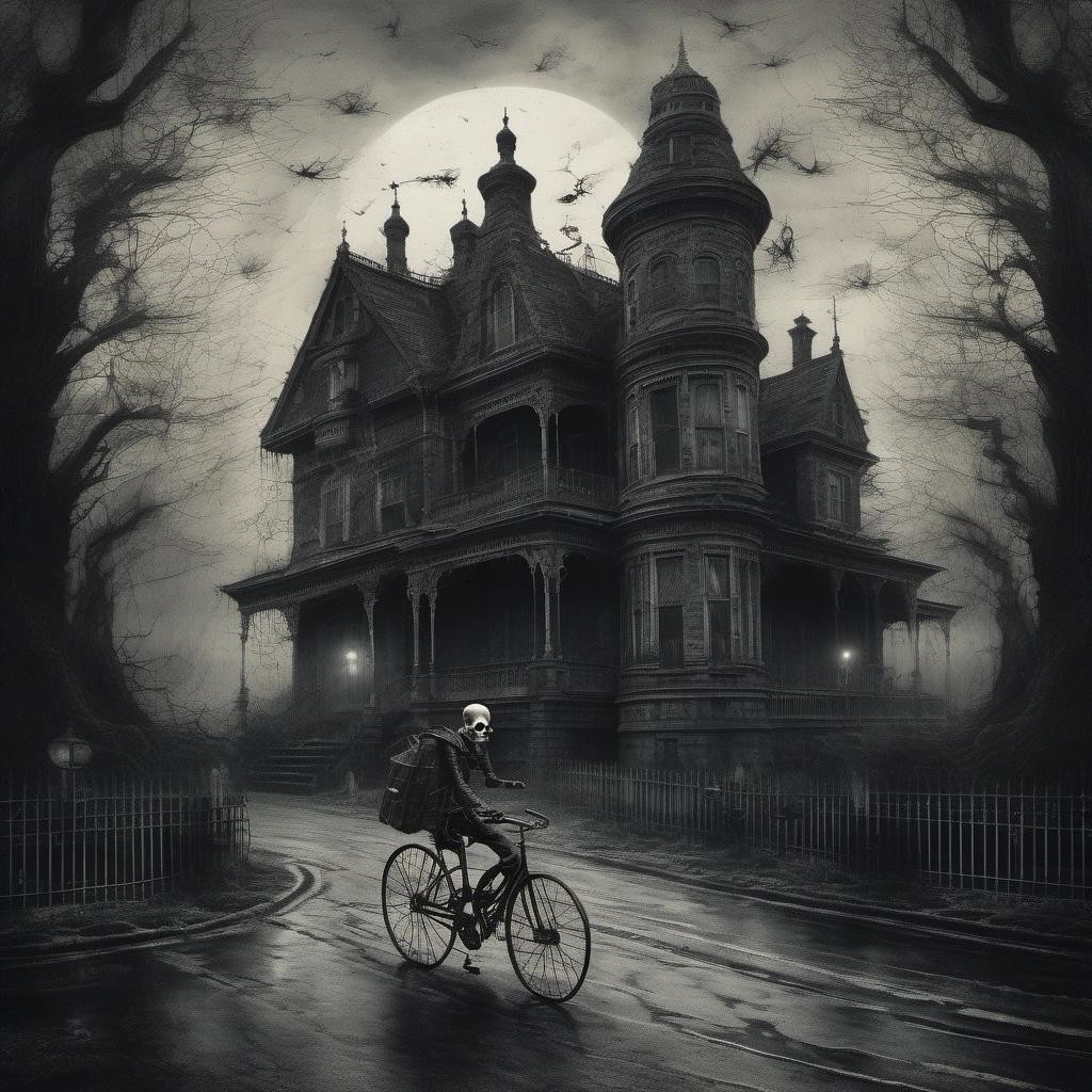 Image with seed 3756184722 generated via Stable Diffusion through @stablehorde@sigmoid.social. Prompt: a terrifying ink drawing of a a skeleton riding a bicycle on a dark and rainy road, with a haunted mansion in the distance., by Ko Young Hoon, by Yoshitaka Amano, Charcoal Art, Ink, Oil Paint, Concept Art, Color Grading, Dramatic, Intentional camera movement, Lonely, Cracks, With Imperfections, in a symbolic and meaningful style, insanely detailed and intricate, hypermaximalist, elegant, ornate, hyper realistic, super detailed, a ghost, covered in spiderweb, eerie, feeling of dread, decay, samhain
