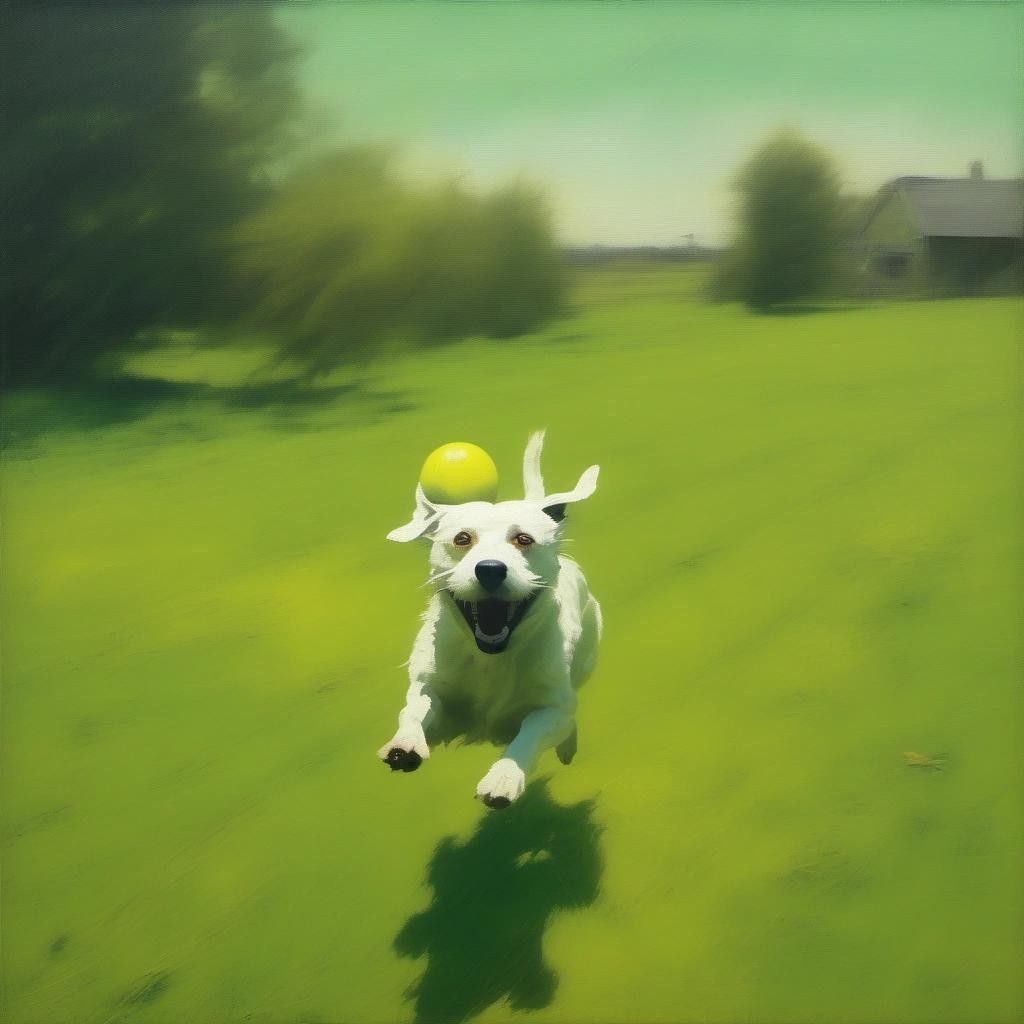 Image with seed 1183930800 generated via Stable Diffusion through @stablehorde@sigmoid.social. Prompt: a decaying painting depicting a realistic picture of a dog, running in a green field chasing an yellow ball during a bright sunny day, ghostly presence, wide-angle, complementary color scheme, creeping shadows, eerie atmosphere, faded features, essence of haunting###