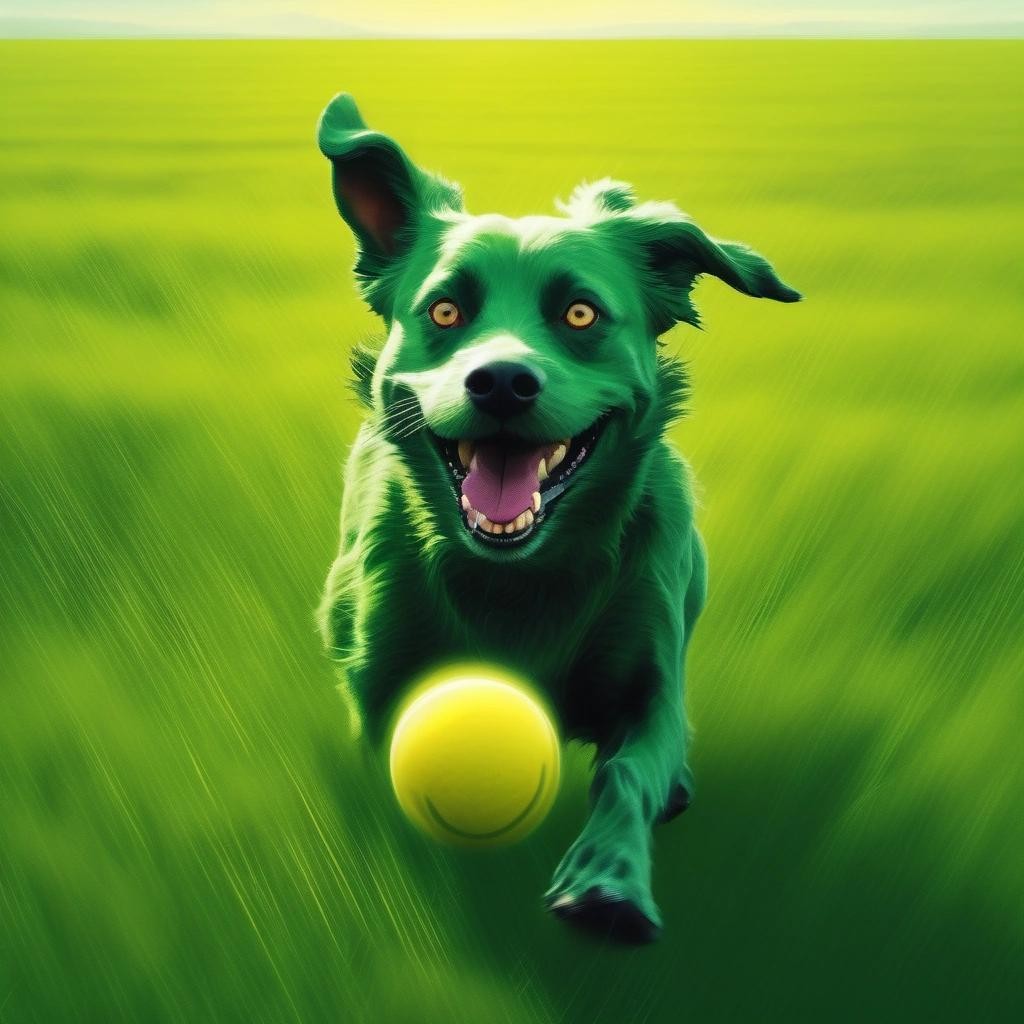 Image with seed 777679265 generated via Stable Diffusion through @stablehorde@sigmoid.social. Prompt: a realistic picture of a dog, running in a green field chasing an yellow ball during a bright sunny day . nightmare by Tim Burton, monster-like, cinematic lighting, trending on artstation, creepy digital art###