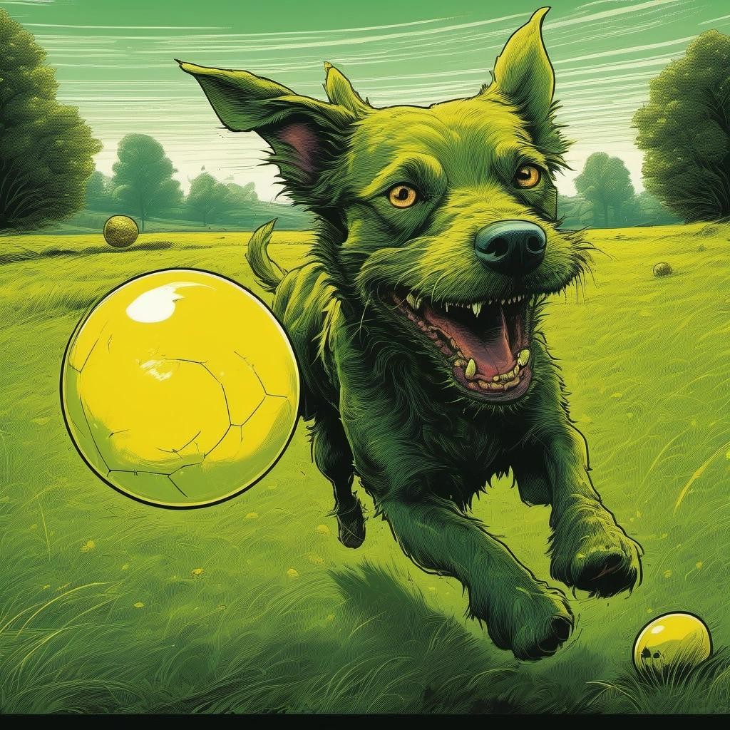 Image with seed 2467886476 generated via Stable Diffusion through @stablehorde@sigmoid.social. Prompt: grotesque, demonic, body horror, a realistic picture of a dog, running in a green field chasing an yellow ball during a bright sunny day, by Dan Mumford, Volkan Baga, Hieronymus Bosch###