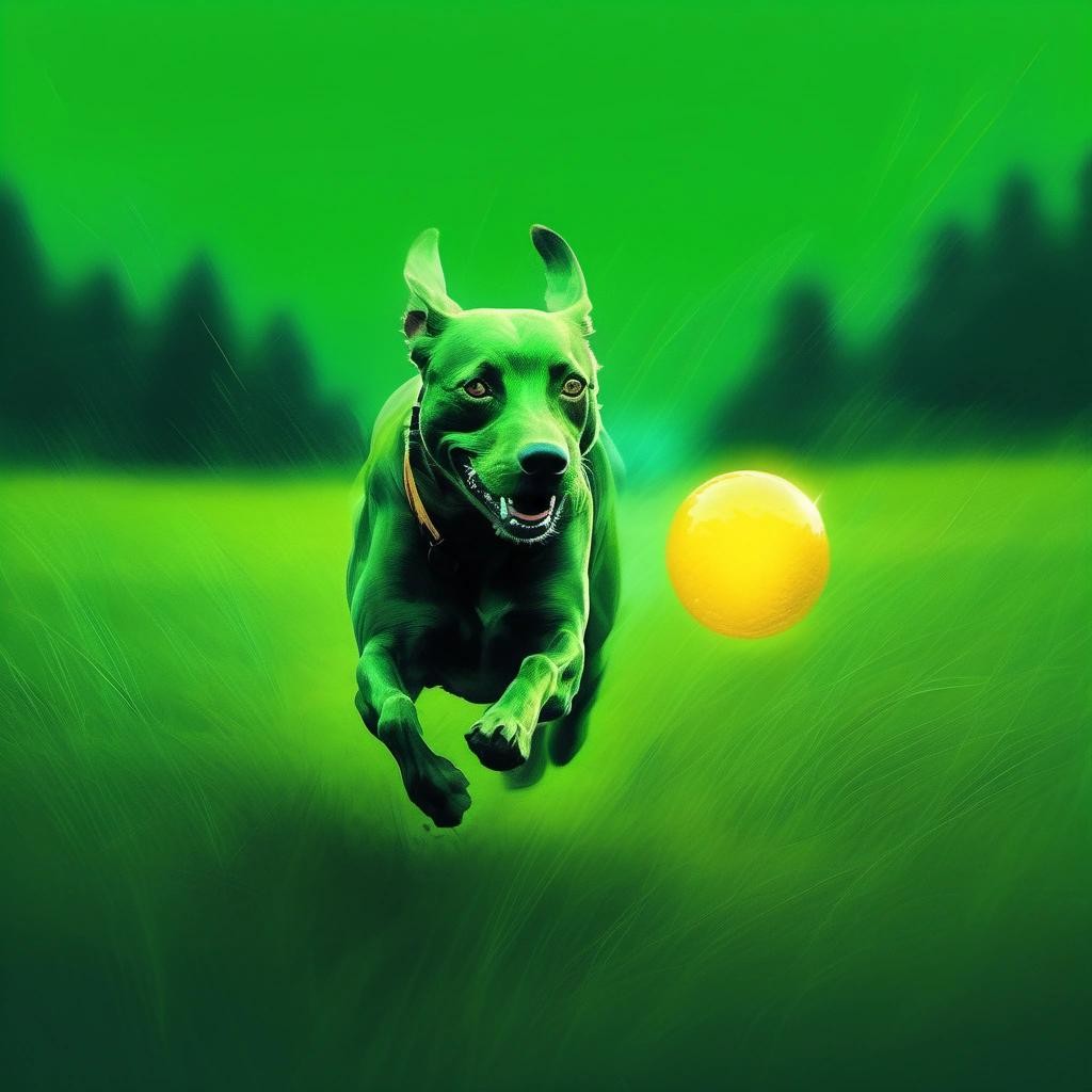 Image with seed 891591207 generated via Stable Diffusion through @stablehorde@sigmoid.social. Prompt: highly detailed digital painting of a realistic picture of a dog, running in a green field chasing an yellow ball during a bright sunny day, highly realistic fantasy concept art by Darek Zabrocki and Zdzisław Beksiński, paint strokes, intricate, eerie scenery, dark volumetric lighting, triadic color scheme, very coherent, sharp focus, illustration, film grain, spooky vibe