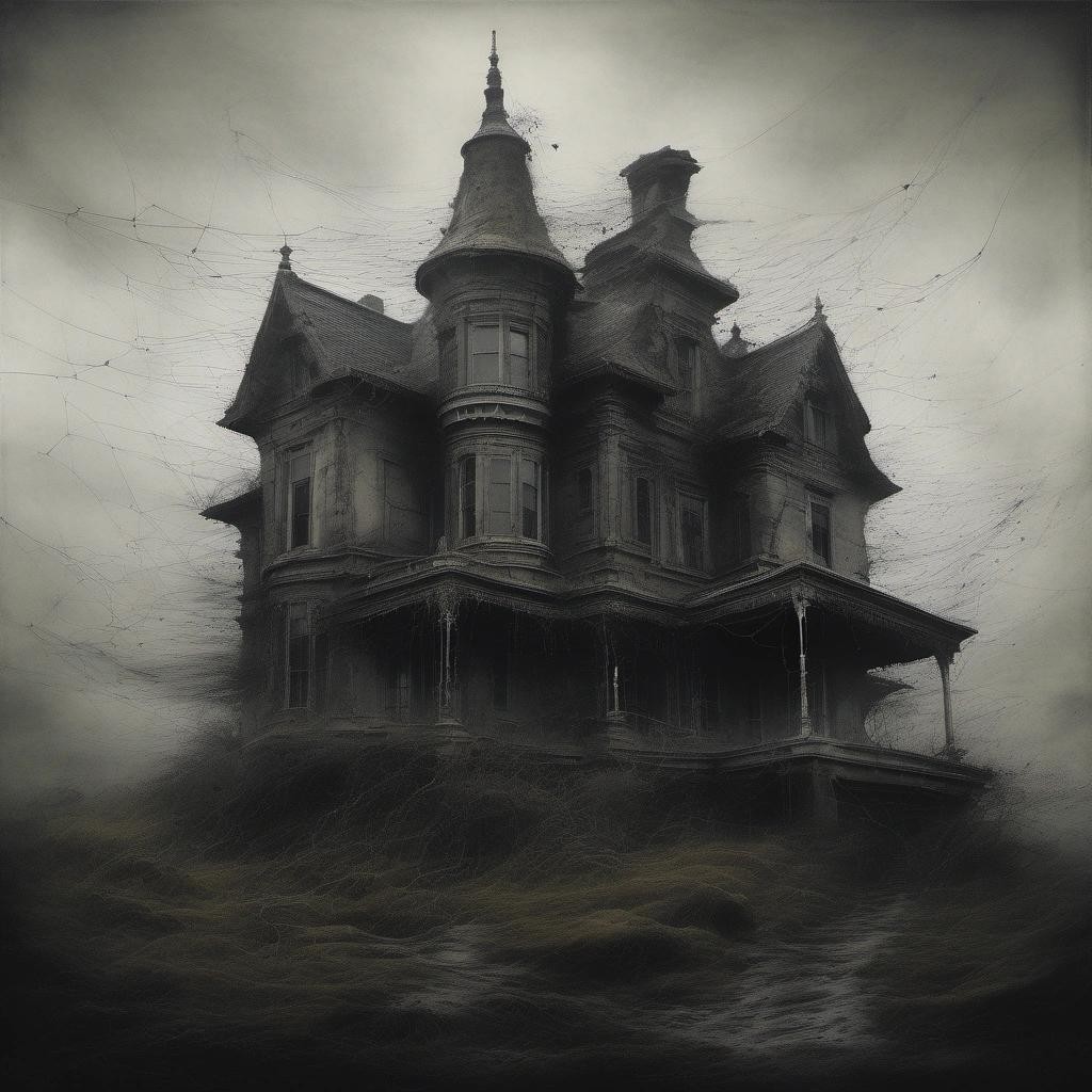 Image with seed 3804212100 generated via Stable Diffusion through @stablehorde@sigmoid.social. Prompt: a terrifying ink drawing of a a dark surreal nightmare house in a windy foggy moor in the rain, by Ko Young Hoon, by Yoshitaka Amano, Charcoal Art, Ink, Oil Paint, Concept Art, Color Grading, Dramatic, Intentional camera movement, Lonely, Cracks, With Imperfections, in a symbolic and meaningful style, insanely detailed and intricate, hypermaximalist, elegant, ornate, hyper realistic, super detailed, a ghost, covered in spiderweb, eerie, feeling of dread, decay, samhain