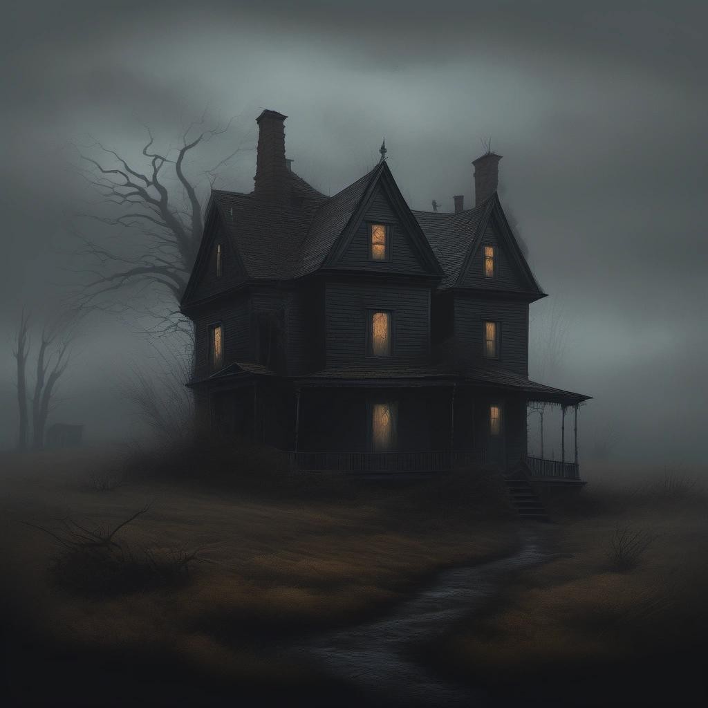 Image with seed 2983012419 generated via Stable Diffusion through @stablehorde@sigmoid.social. Prompt: a dark surreal nightmare house in a windy foggy moor in the rain . spooky gouache digital art, dark, creepy, highly detailed, moody, mysterious###, 3d, photo, anime, text