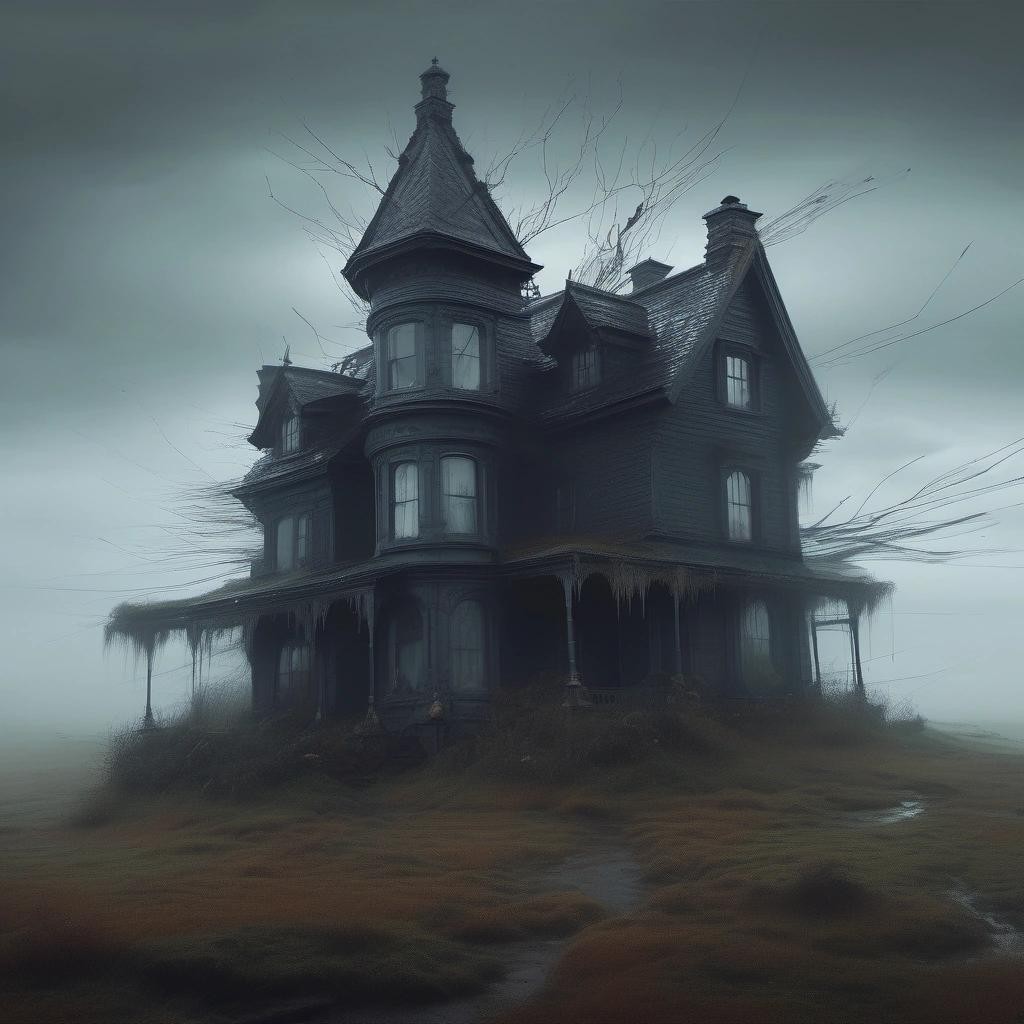Image with seed 3588198046 generated via Stable Diffusion through @stablehorde@sigmoid.social. Prompt: digital art of a dark surreal nightmare house in a windy foggy moor in the rain, witch world, Halloween theme, scenic Halloween, highly detailed, zbrush, by artist Artgerm, by artist Stephen Hickman, by artist Carne griffiths