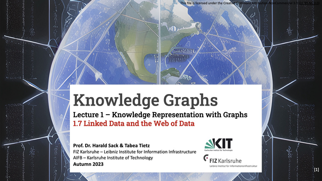 Cover Slide of the free OpenHPI MOOC course "Knowledge Graphs - Foundations and Applications", Lecture 1: Knowledge Representation with Graphs, 1.7: Linked Data and the Web of Data, depicting the Eartch entangled in a graph network, “An image of the Semantic Web which is an extension of the World Wide Web…” ,  created via ArtBot, Dreamlike Diffusion, 2023, [CC-BY-4.0], https://tinybots.net/artbot 
