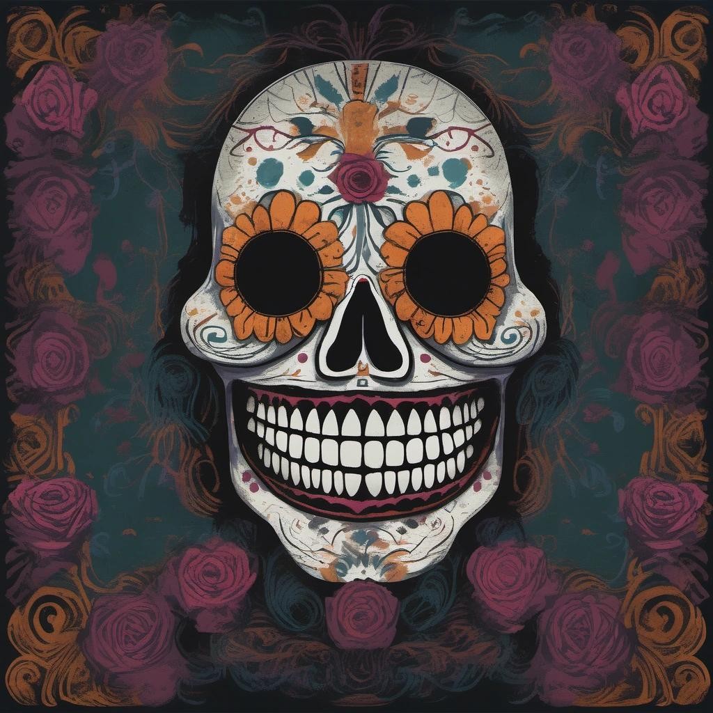 Image with seed 2831490071 generated via Stable Diffusion through @stablehorde@sigmoid.social. Prompt: a day of the dead mask using clown colors . spooky gouache digital art, dark, creepy, highly detailed, moody, mysterious###, 3d, photo, anime, text