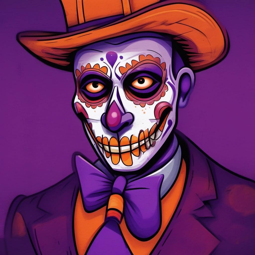 Image with seed 3875813814 generated via Stable Diffusion through @stablehorde@sigmoid.social. Prompt: impressionist purple and orange comickbook illustration depicting closeup of a day of the dead mask using clown colors, dark shading, bold outlines, thick outlines, creepy, eerie, scary, horror###
