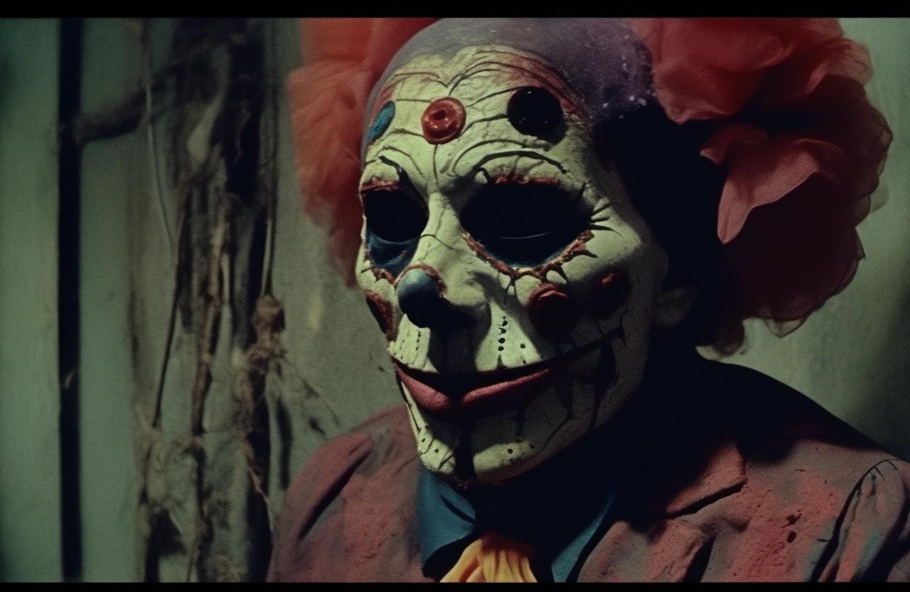 Image with seed 1694154876 generated via Stable Diffusion through @stablehorde@sigmoid.social. Prompt: Old found footage of hyper realistic a day of the dead mask using clown colors, abandoned, liminal space, horror, eerie, mysterious, noise and grain, dark hues, dark tones, single source of light, 35mm, Kodak Autochrome, floating particles, auto flash, auto focus###blurry, out of focus