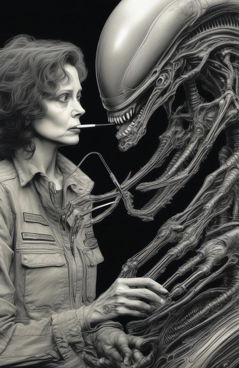 Image with seed 3975503435 generated via Stable Diffusion through @stablehorde@sigmoid.social. Prompt: drawing of a xenomorph sharing a joint with Leutnant Ellen Ripley by tim burton, by Aaron Horkey, by H R Giger, creepy, horror, sharp, focused, HD, detailed