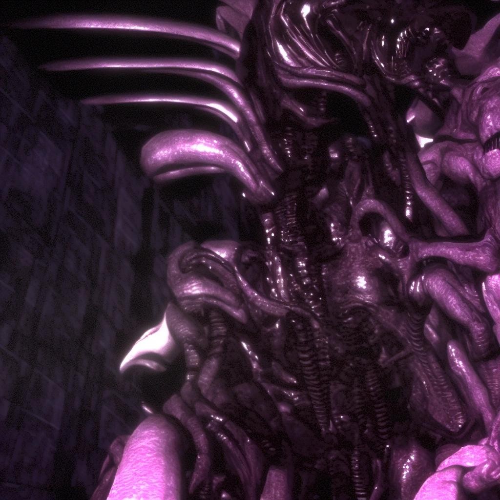 Image with seed 818954154 generated via Stable Diffusion through @stablehorde@sigmoid.social. Prompt: PS1 graphics horror style First person/Third person view of a xenomorph sharing a joint with Leutnant Ellen Ripley, low resolution, pixelated, 3d, dark, creepy, ominous###