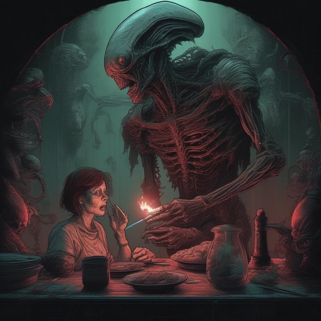 Image with seed 3081119290 generated via Stable Diffusion through @stablehorde@sigmoid.social. Prompt: grotesque, demonic, body horror, a xenomorph sharing a joint with Leutnant Ellen Ripley, by Dan Mumford, Volkan Baga, Hieronymus Bosch###