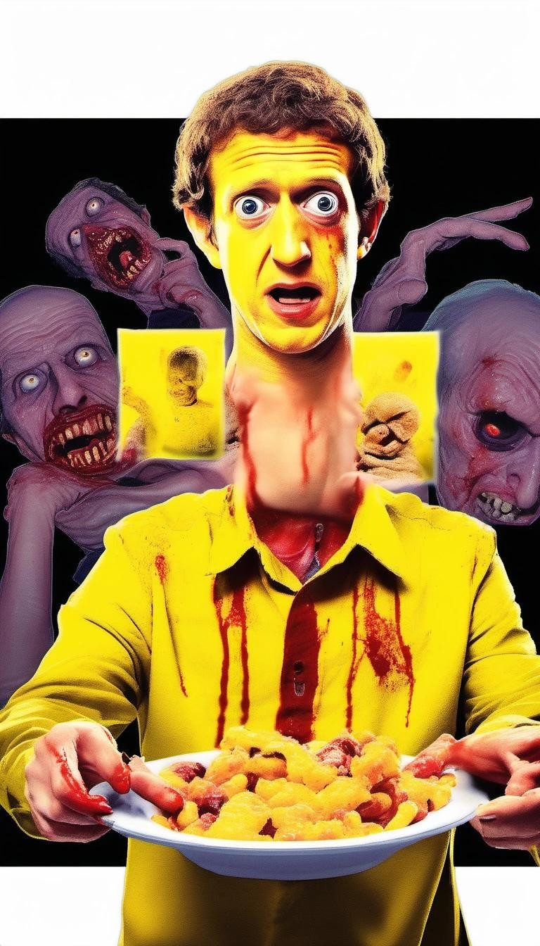 Image with seed 2854051514 generated via Stable Diffusion through @stablehorde@sigmoid.social. Prompt: mark zuckerberg suffering greatly from food poisoning after eating bad halloween candy on a 1980s italian horror b-movie poster, directed by bruno mattei, zombies, spooky creepy yellow text#, bad anatomy, bad fingers, bad hands, bad proportions, blurry, clone, cropped, deformed, deformed face, deformed fingers, disfigured, duplicate, extra digits, extra fingers, extra hands, extra limbs, gross proportions, jpeg artifacts, low quality, lowres, missing digits, missing limbs, mutilated, mutilated hands, poorly drawn face, poorly drawn hands, watermark, worst quality