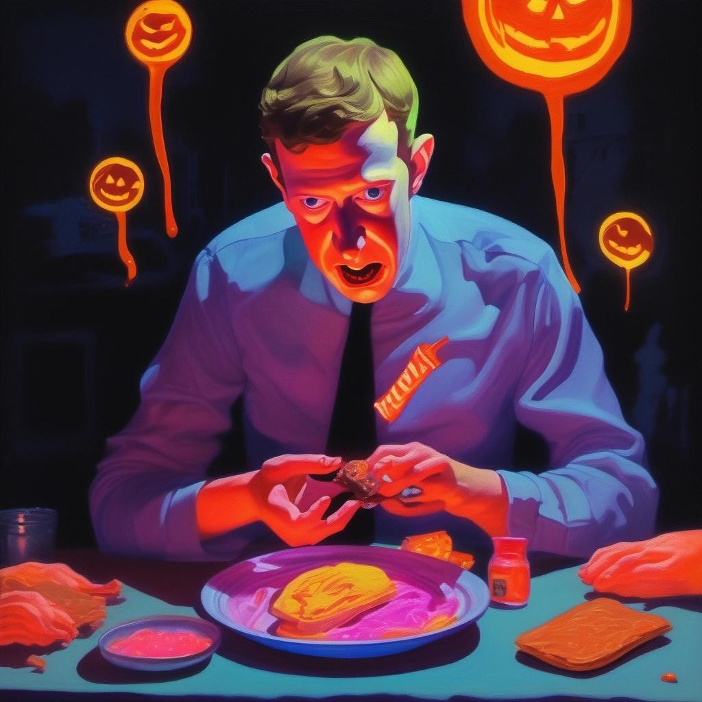 Image with seed 516973496 generated via Stable Diffusion through @stablehorde@sigmoid.social. Prompt: a ominous gouache painting in style of pulp art depicting a mark zuckerberg suffering greatly from food poisoning after eating bad halloween candy, expressionism, eerie neon lighting, neon accents, a ghostly realm, ominous shadows, complimentary cookies, atmosphere of terror, paperback cover###