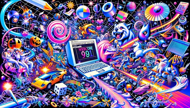 webcore-infused digital collage, merging elements from early internet websites, such as rotating GIFs, sparkling cursors, and Comic Sans text