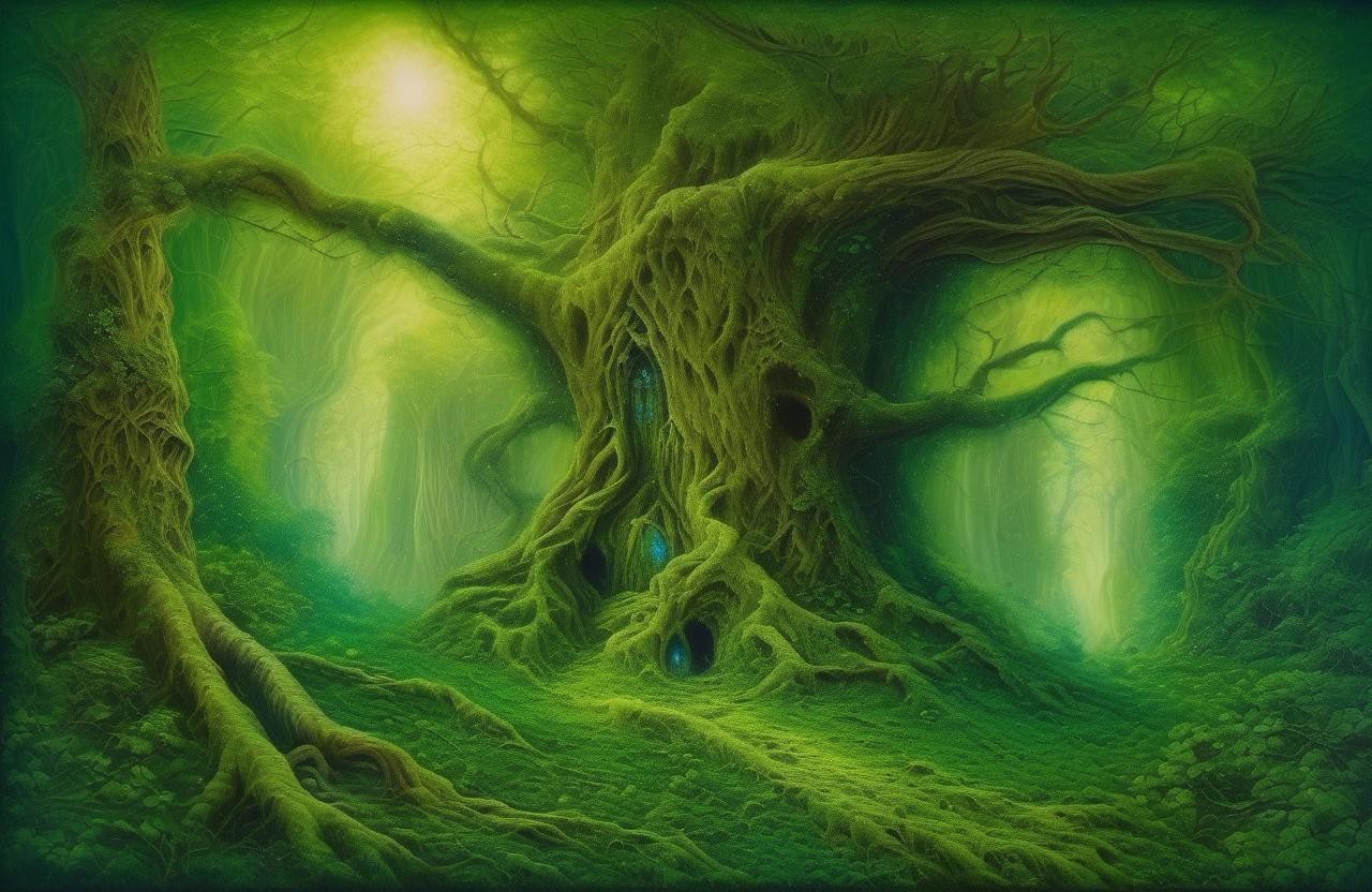 Image with seed 1596733067 generated via Stable Diffusion through @stablehorde@sigmoid.social. Prompt: The Ancient Forest of the Green Elves, fantasy, oil on canvas, highly detailed, magical 