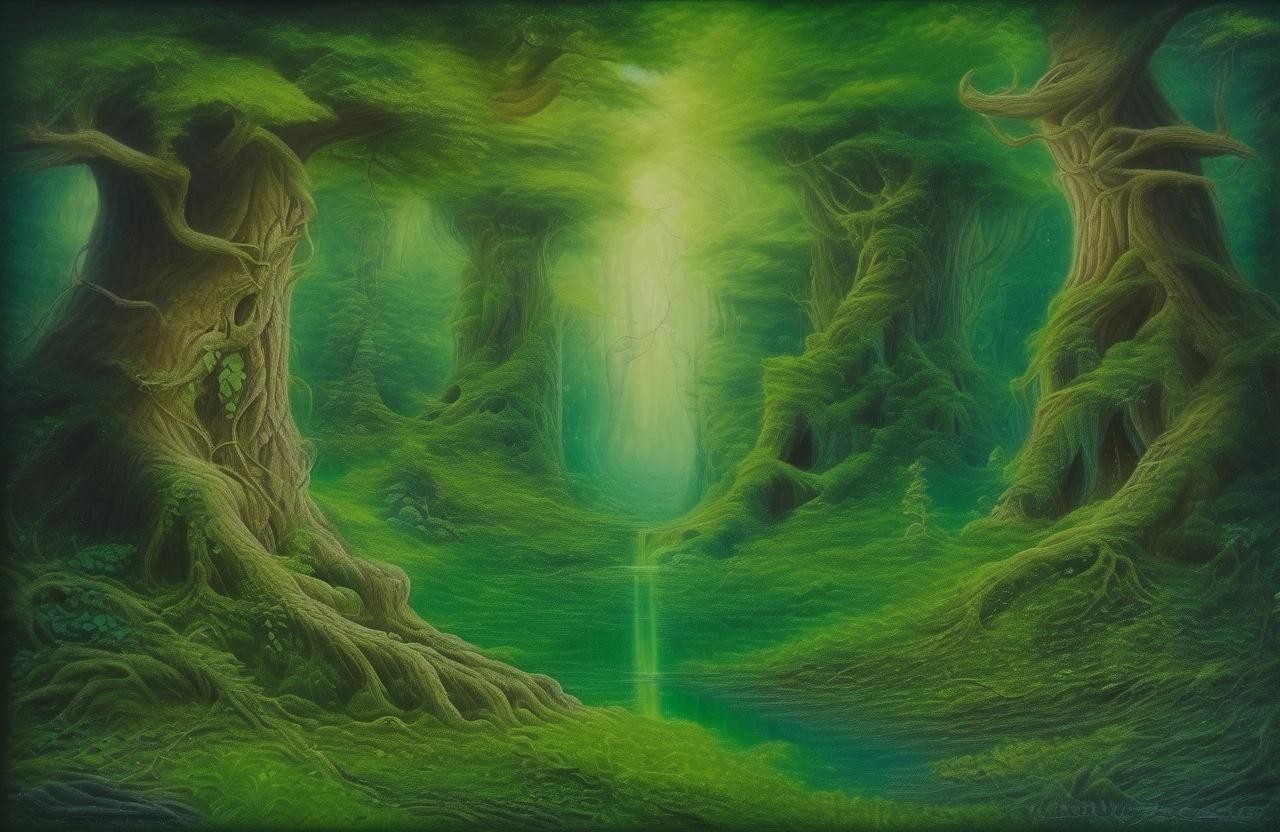 Image with seed 1767518348 generated via Stable Diffusion through @stablehorde@sigmoid.social. Prompt: The Ancient Forest of the Green Elves, fantasy, oil on canvas, highly detailed, magical 