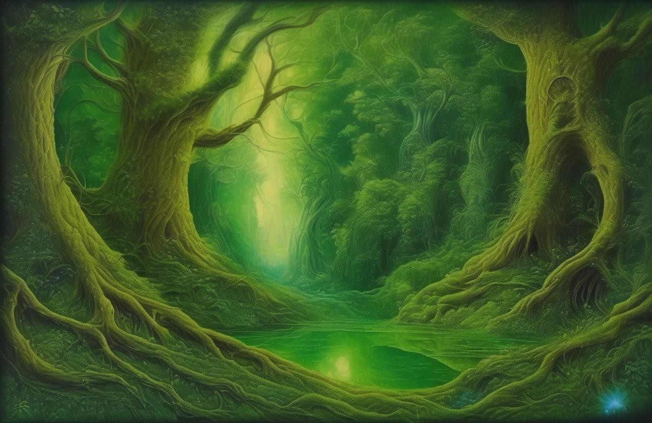 Image with seed 1258437350 generated via Stable Diffusion through @stablehorde@sigmoid.social. Prompt: The Ancient Forest of the Green Elves, fantasy, oil on canvas, highly detailed, magical 