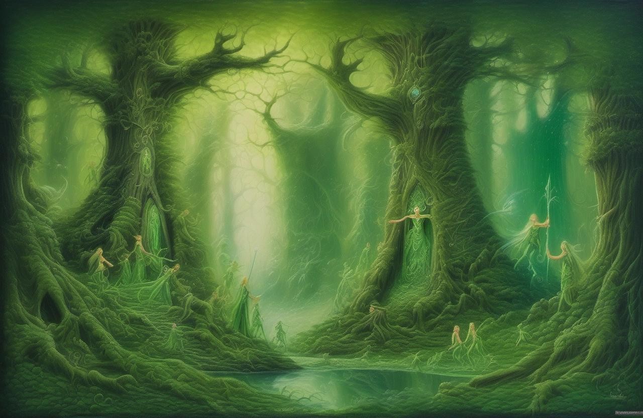 Image with seed 1576928777 generated via Stable Diffusion through @stablehorde@sigmoid.social. Prompt: The Green Elves of the Ancient Forest, fantasy, oil on canvas, highly detailed, magical 