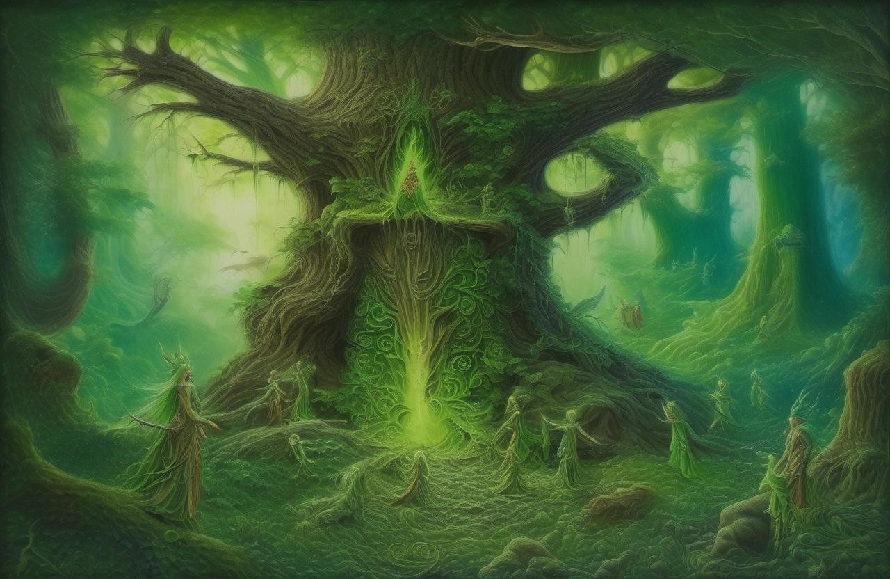 Image with seed 4287992220 generated via Stable Diffusion through @stablehorde@sigmoid.social. Prompt: The Green Elves of the Ancient Forest, fantasy, oil on canvas, highly detailed, magical 