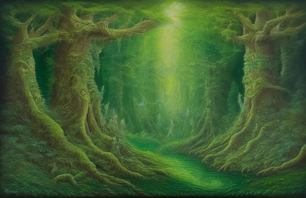 Image with seed 1740345937 generated via Stable Diffusion through @stablehorde@sigmoid.social. Prompt: The Green Elves of the Ancient Forest, fantasy, oil on canvas, highly detailed, magical 