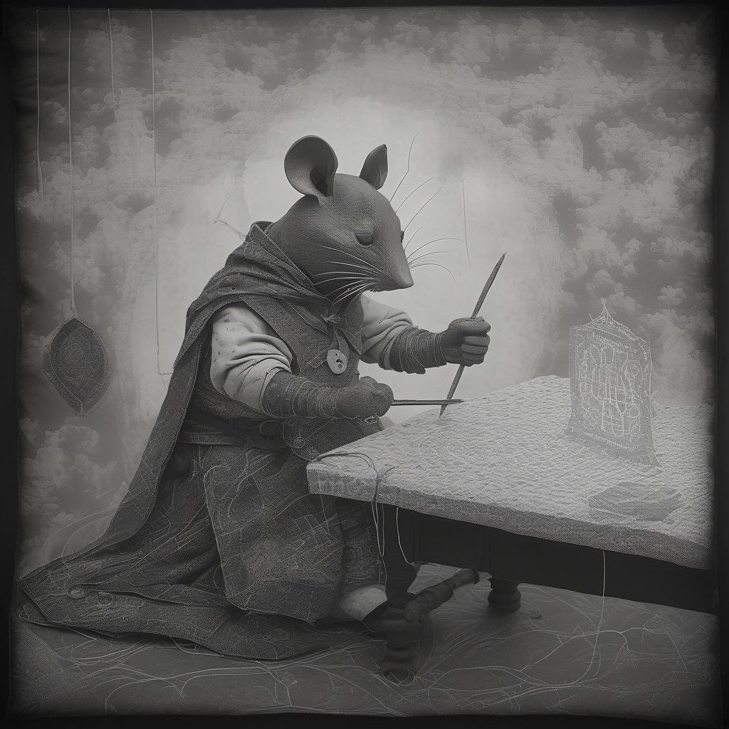 Image with seed 1261096189 generated via Stable Diffusion through @stablehorde@sigmoid.social. Prompt: an old mouse sewing the image of a warrior mouse in to a tapestry, black and white, foggy, negative, eerie