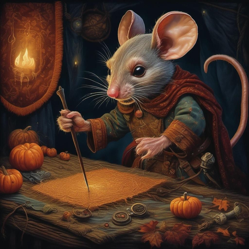 Image with seed 2191862666 generated via Stable Diffusion through @stablehorde@sigmoid.social. Prompt: an old mouse sewing the image of a warrior mouse in to a tapestry . halloween splash art, spooky, magical, dark, highly detailed###, photo, anime, text, 3d, black and white