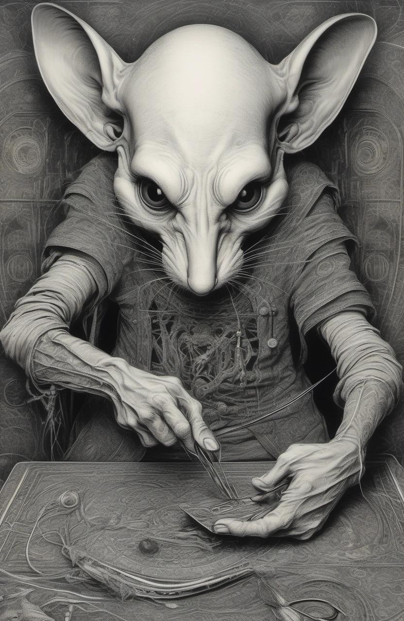 Image with seed 1131869653 generated via Stable Diffusion through @stablehorde@sigmoid.social. Prompt: drawing of an old mouse sewing the image of a warrior mouse in to a tapestry by tim burton, by Aaron Horkey, by H R Giger, creepy, horror, sharp, focused, HD, detailed