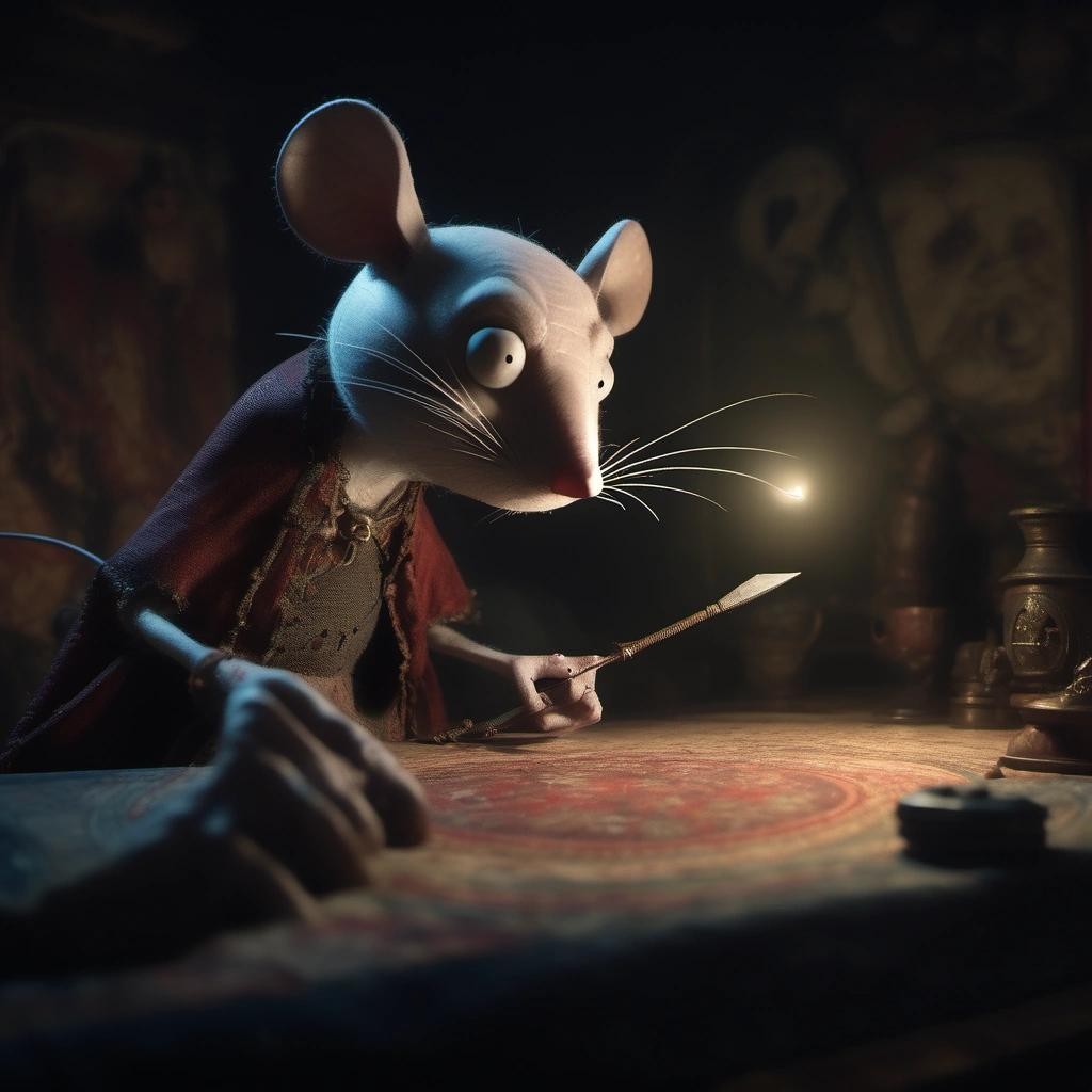 Image with seed 2019574451 generated via Stable Diffusion through @stablehorde@sigmoid.social. Prompt: an old mouse sewing the image of a warrior mouse in to a tapestry . nightmare by Tim Burton, monster-like, cinematic lighting, trending on artstation, creepy digital art###