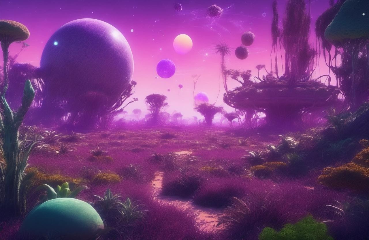 Image with seed 1326274878 generated via Stable Diffusion through @stablehorde@sigmoid.social. Prompt: A wild alien landscape with lush vegetation, purple plants, weird animals, birdlike creatures, a huge giant gas planet in the sky