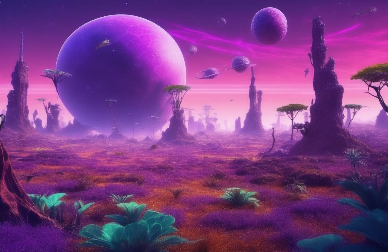 Image with seed 1670122399 generated via Stable Diffusion through @stablehorde@sigmoid.social. Prompt: A wild alien landscape with lush vegetation, purple plants, weird animals, birdlike creatures, a huge giant gas planet in the sky
