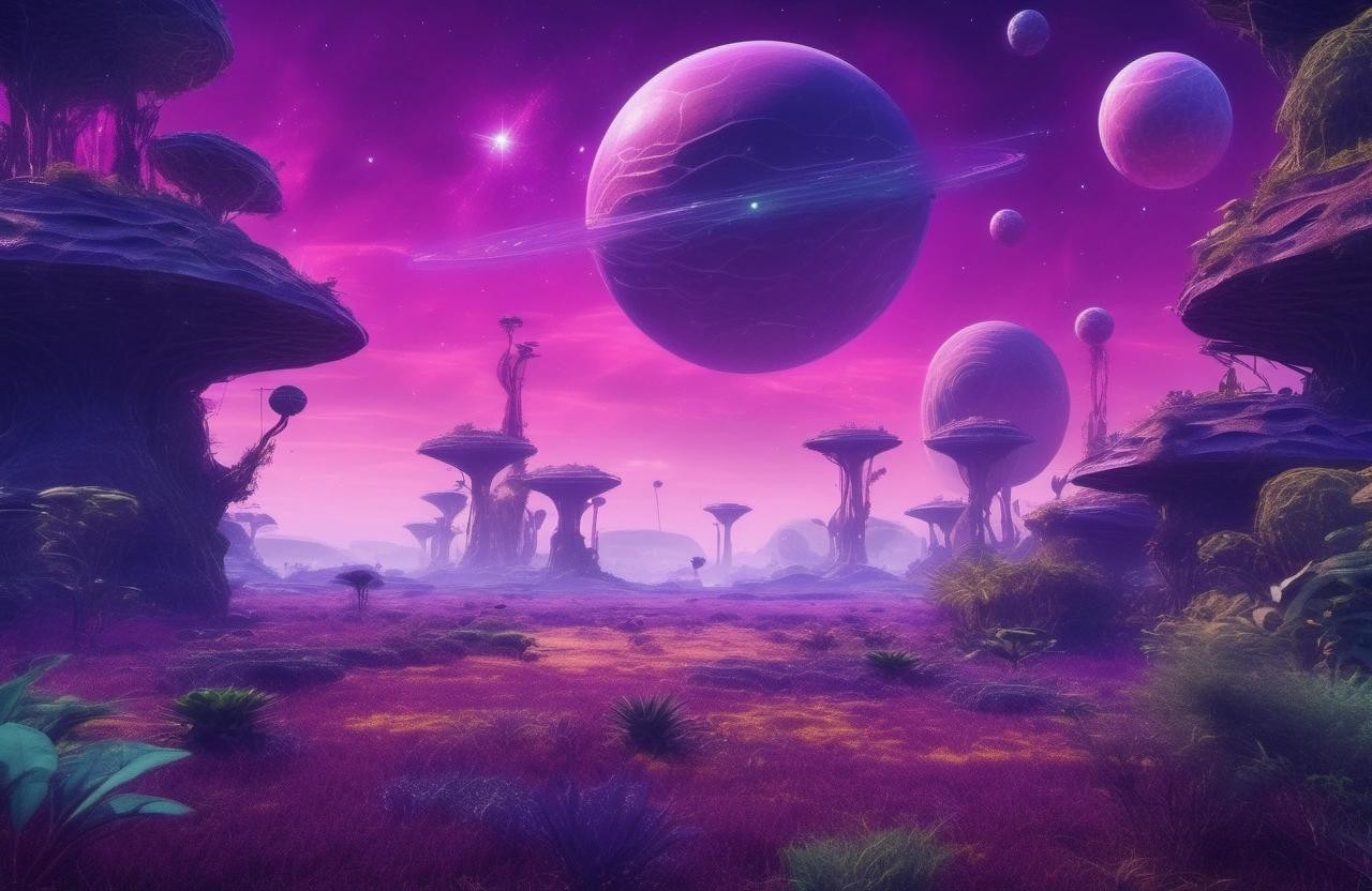 Image with seed 464680226 generated via Stable Diffusion through @stablehorde@sigmoid.social. Prompt: A wild alien landscape with lush vegetation, purple plants, weird animals, birdlike creatures, a huge giant gas planet in the sky