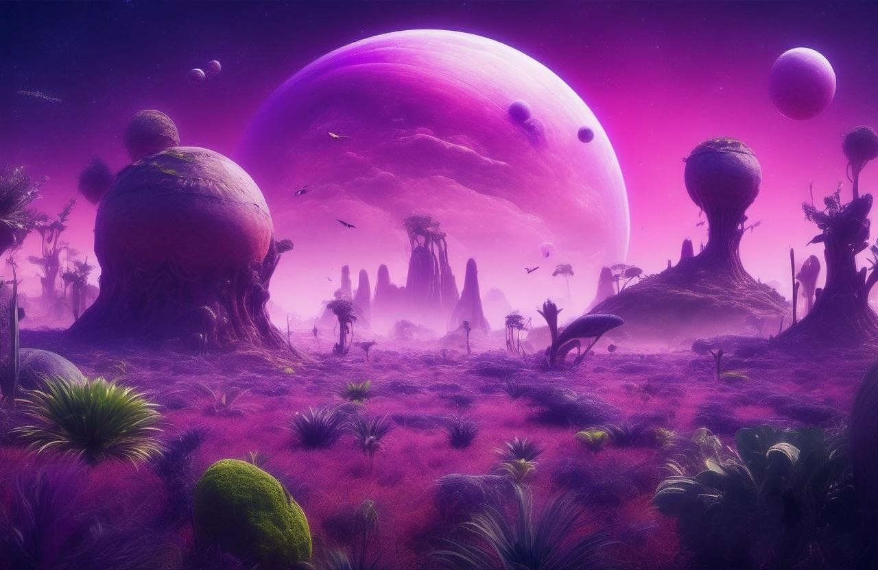 Image with seed 1899981190 generated via Stable Diffusion through @stablehorde@sigmoid.social. Prompt: A wild alien landscape with lush vegetation, purple plants, weird animals, birdlike creatures, a huge giant gas planet in the sky