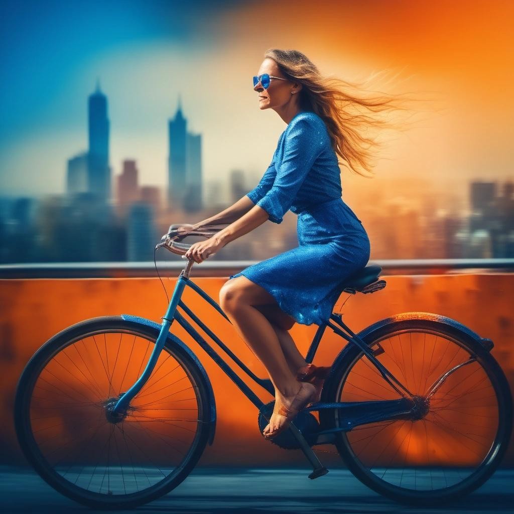 Image with seed 3315928285 generated via Stable Diffusion through @stablehorde@sigmoid.social. Prompt: photo of woman on a bicycle, blurry city background, orange and blue, sunny day . halloween splash art, spooky, magical, dark, highly detailed###, photo, anime, text, 3d, black and white