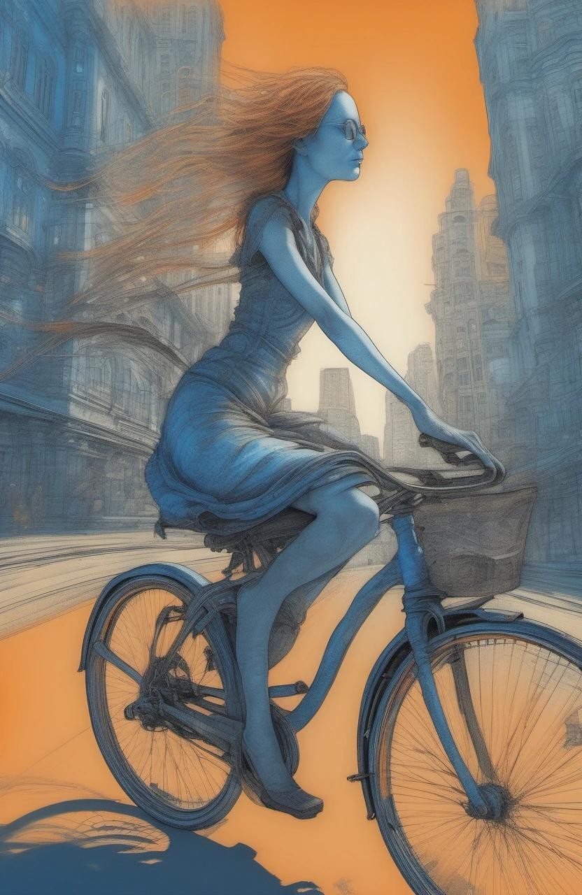 Image with seed 1015714415 generated via Stable Diffusion through @stablehorde@sigmoid.social. Prompt: drawing of photo of woman on a bicycle, blurry city background, orange and blue, sunny day by tim burton, by Aaron Horkey, by H R Giger, creepy, horror, sharp, focused, HD, detailed