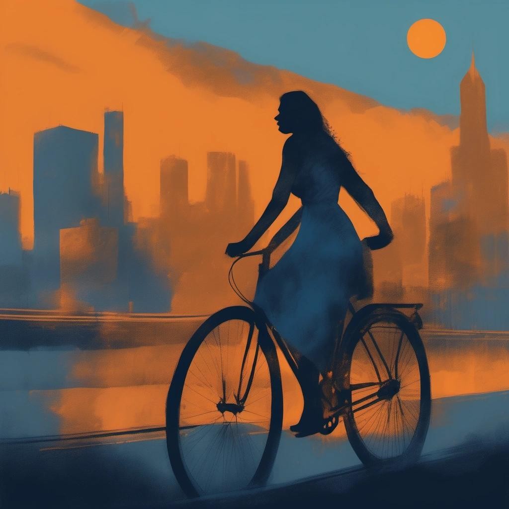 Image with seed 785377435 generated via Stable Diffusion through @stablehorde@sigmoid.social. Prompt: photo of woman on a bicycle, blurry city background, orange and blue, sunny day . spooky gouache digital art, dark, creepy, highly detailed, moody, mysterious###, 3d, photo, anime, text