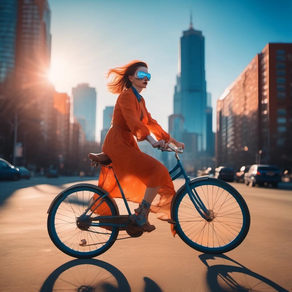 Image with seed 3862541177 generated via Stable Diffusion through @stablehorde@sigmoid.social. Prompt: photo of woman on a bicycle, blurry city background, orange and blue, sunny day, spooky, dark, horror aesthetics, sharp focus, Innistrad, by Keith Thompson###person, human, blurry, black and white, text, 