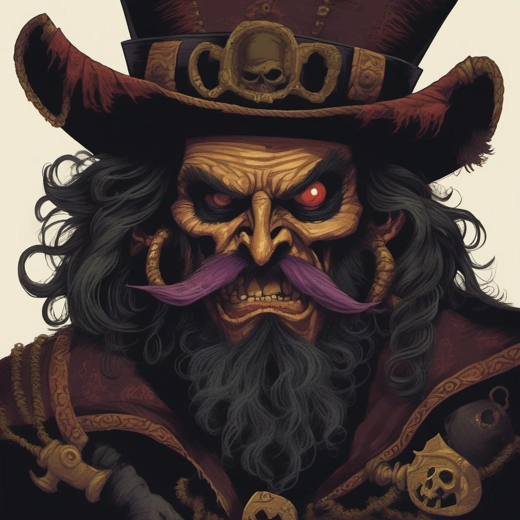 Image with seed 3385042906 generated via Stable Diffusion through @stablehorde@sigmoid.social. Prompt: demon pirate LeChuck . spooky gouache digital art, dark, creepy, highly detailed, moody, mysterious###, 3d, photo, anime, text