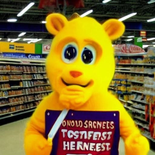 Image with seed 3194879439 generated via Stable Diffusion through @stablehorde@sigmoid.social. Prompt: a anthropomorphic animal working at wal-mart in the early 2000s with some random stuff in the background and a hidden subliminal message telling the viewer that it is indeed hip to fuck bees 