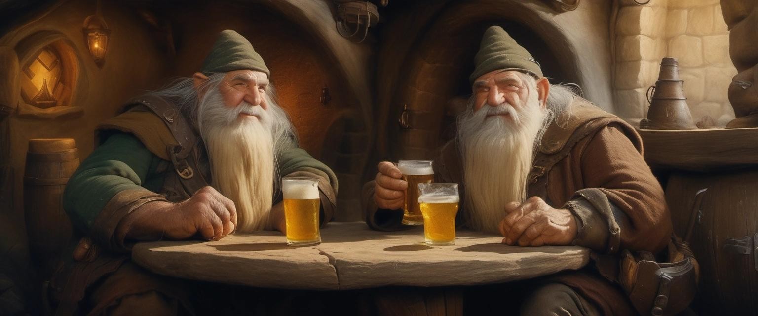 Image with seed 818798678 generated via Stable Diffusion through @stablehorde@sigmoid.social. Prompt: two old Dwarves sitting in a tavern drinking beer, fantasy, Tolkien, Middle-Earth, oil on canvas