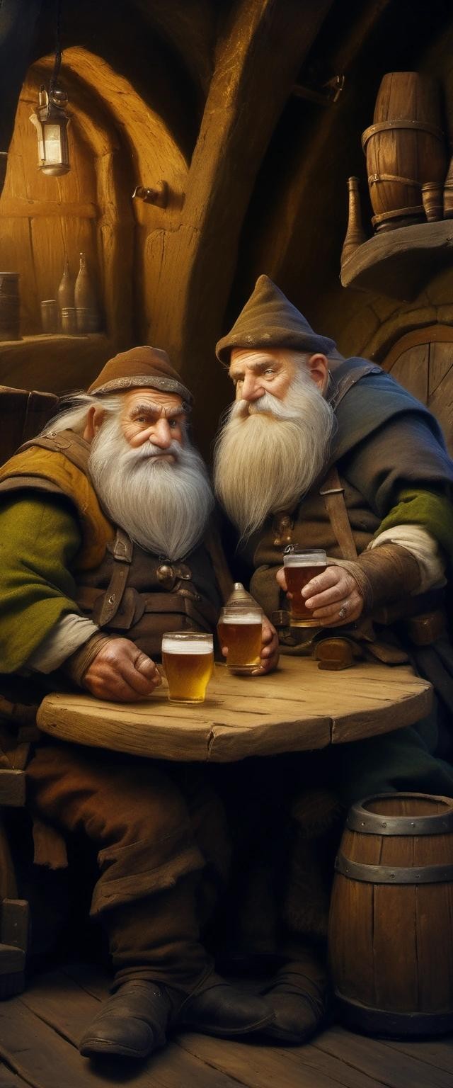 Image with seed 3509963441 generated via Stable Diffusion through @stablehorde@sigmoid.social. Prompt: two old Dwarves sitting in a tavern drinking beer, fantasy, Tolkien, Middle-Earth, oil on canvas