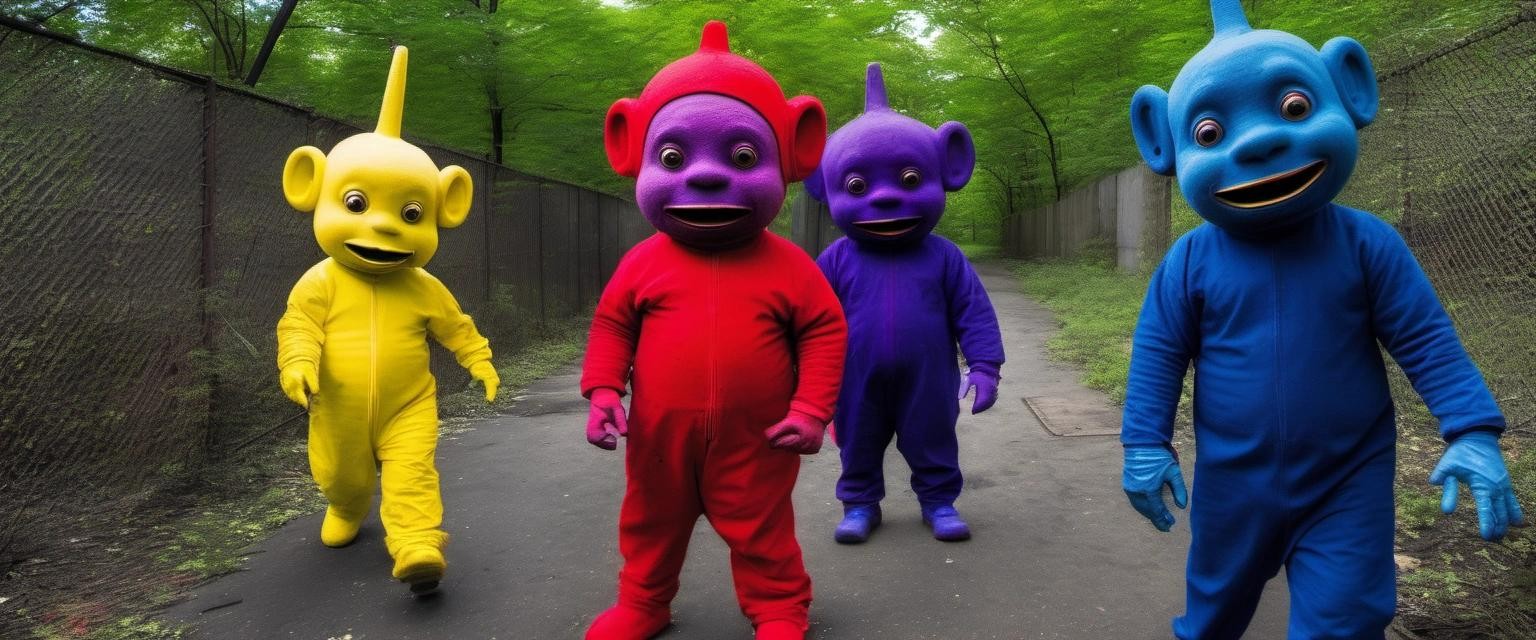 Image with seed 1656147905 generated via Stable Diffusion through @stablehorde@sigmoid.social. Prompt: Run-down Teletubbies shooting up heroin in the bronx