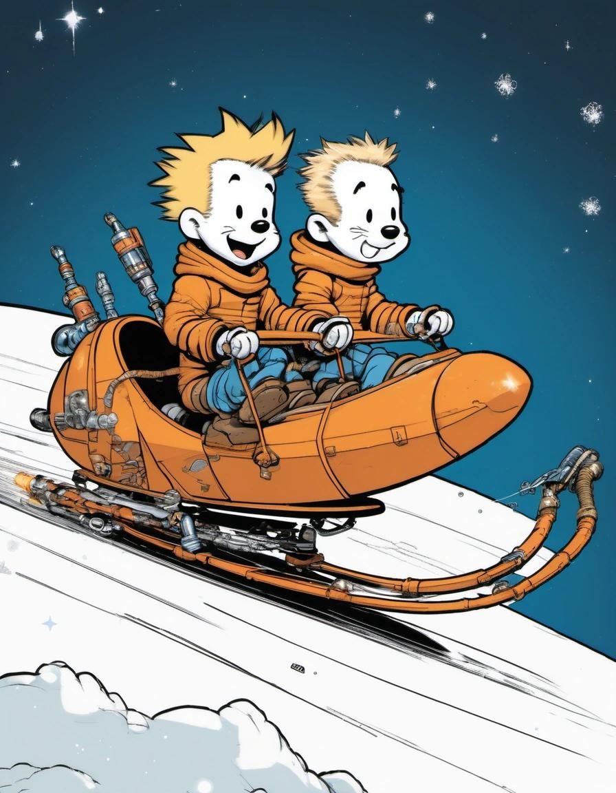 Image with seed 2871467637 generated via Stable Diffusion through @stablehorde@sigmoid.social. Prompt: Calvin and Hobbes riding a rocket sled in manga style