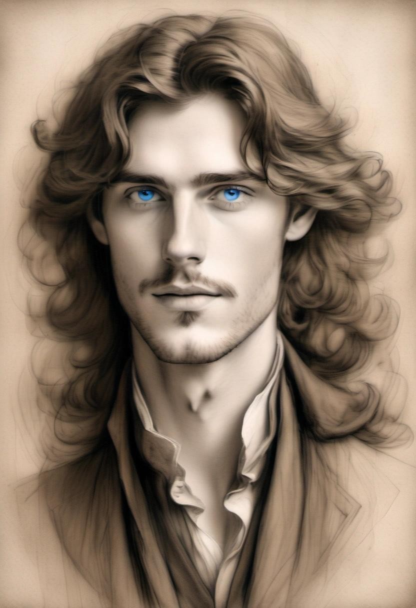 Image with seed 1913916291 generated via Stable Diffusion through @stablehorde@sigmoid.social. Prompt: Charcoal and sepia sketch of a beautiful young aristocratic man with long wavy brown hair and bright blue eyes, dreamy 