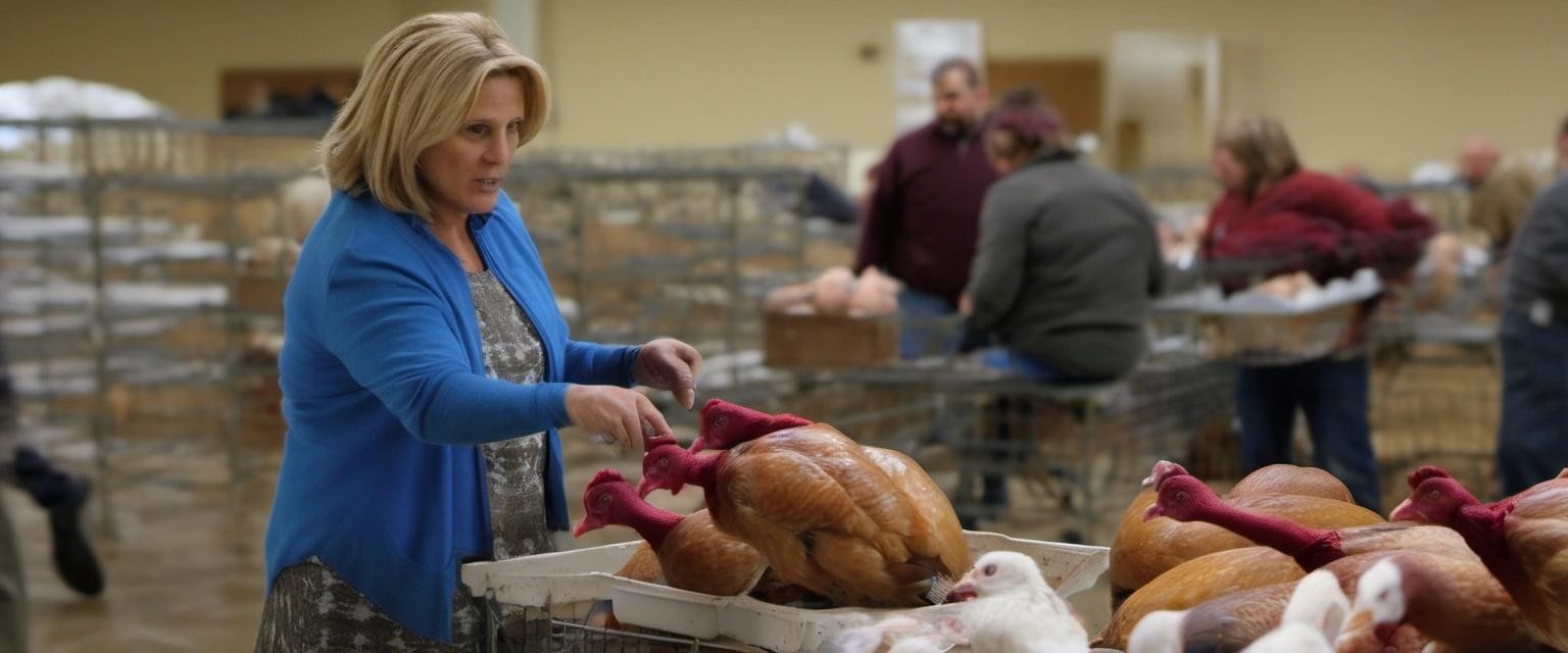 Image with seed 1332406235 generated via Stable Diffusion through @stablehorde@sigmoid.social. Prompt: carmela soprano sorting turkeys for sale on friday