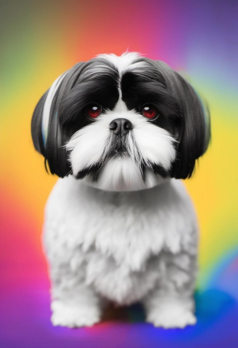 Image with seed 2549726148 generated via Stable Diffusion through @stablehorde@sigmoid.social. Prompt: a black and white shih tzu with a rainbow background