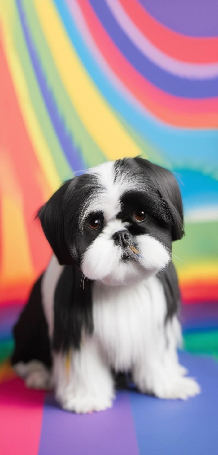 Image with seed 3653295638 generated via Stable Diffusion through @stablehorde@sigmoid.social. Prompt: a black and white shih tzu with a rainbow background