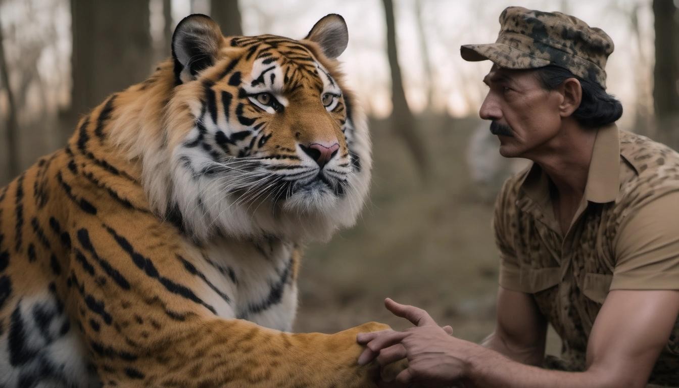 Image with seed 614211248 generated via Stable Diffusion through @stablehorde@sigmoid.social. Prompt: the human man informing the Tiger Queen that the Americans are sending leopards to fight Russians in Ukraine