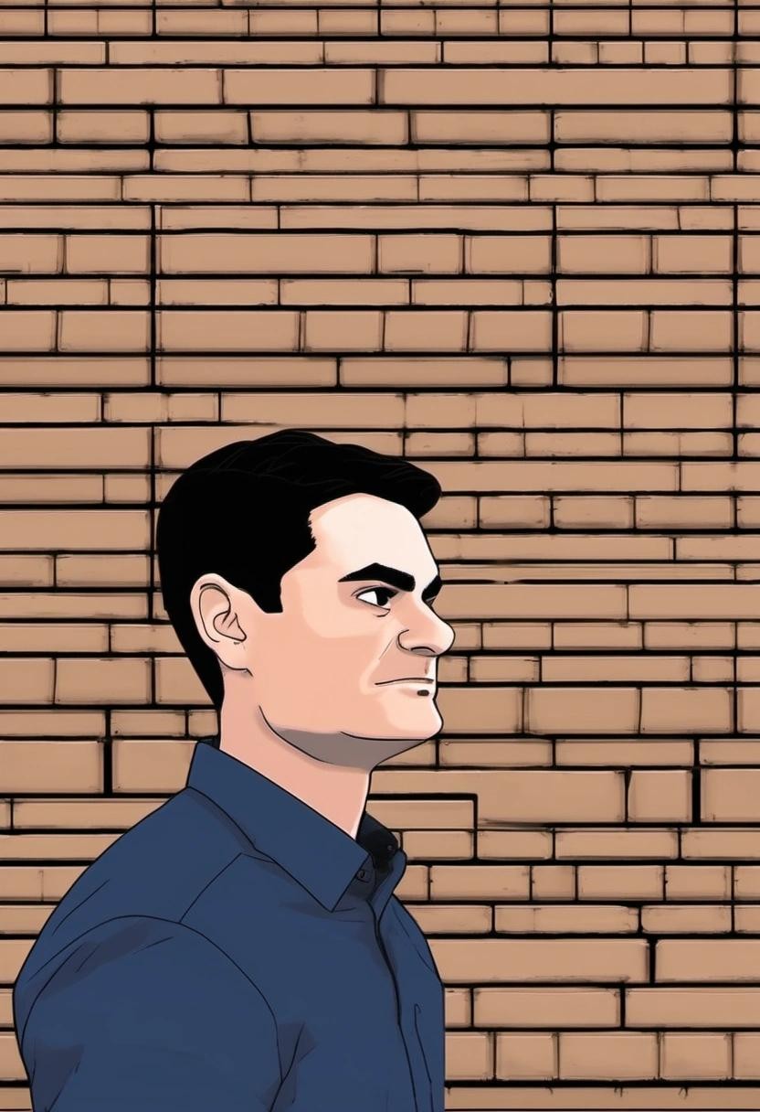 Image with seed 3728676467 generated via Stable Diffusion through @stablehorde@sigmoid.social. Prompt: Ben Shapiro debating a brick wall
